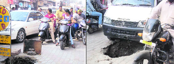 Commuters stuck in a traffic jam after a manhole cover gave way; and (right) a vehicle that was about to drive into the manhole in Jagraon.