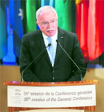 Foreign Minister of the Palestinian Authority Riyad Al-Malki delivers a speech at the UNESCO headquarters.