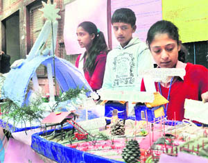 Students showcase their models during a science fair at Government Senior Secondary School, Lakkar Bazaar, in Shimla on Tuesday