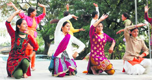Students of PG College, Dharamsala, rehearse for the HPU youth festival in Dharamsala on Tuesday. 