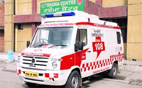 A 108 Ambulance van at the Civil Hospital in Jalandhar