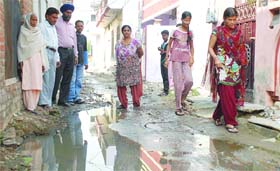 Sewage accumulated on the streets of the jaundice-hit Rama Mandi area in Jalandhar