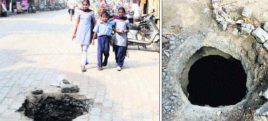 The civic body has failed to cover the manhole that gave way in Jagraon on Monday; and (right) another open manhole was spotted on the Disposal road