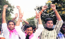 Pro-Telangana activists observe Andhra Pradesh Formation Day as Black Day at Osmania University in Hyderabad on Tuesday.