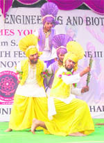 Students perform bhangra on the conclusion of the PTU zonal youth festival in Mohali