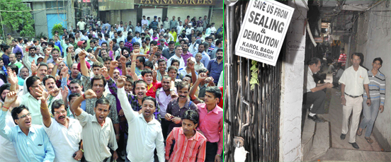(Top) A big crowd holds a protest at Gaffar Market during the sealing (right) drive by the MCD team, in New Delhi on Wednesday.