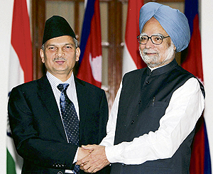 Prime Minister Manmohan Singh with his Nepalese counterpart Baburam Bhattarai in New Delhi.