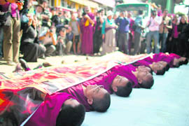 Tibetans protest against China at McLeodganj on Wednesday. 