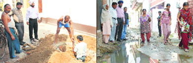 The Municipal Corporation authorities get a street dug up for checking the contamination of drinking water supply in the Rama Mandi area; and (right) a street in the Ekta Nagar area full of filth in Jalandhar.