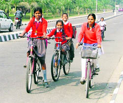 Students cycle their way to a school in Ludhiana