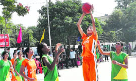A player attempts a shot during a match between New Public School and St Xaviers School in Sector 44, Chandigarh, on Thursday.