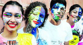 Students during the face-painting competition at Soch fest at Panjab University on Thursday.