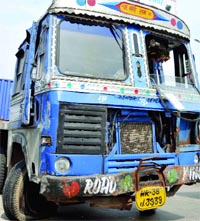The truck that ran over three people near the railway underpass at the Yamuna Bridge on Wednesday night in Old Delhi