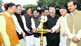 Uttarakhand Chief Minister BC Khanduri with senior party leader Arun Jaitley, former Chief Ministers Ramesh Pokhriyal Nishank and Bhagat Singh Koshiyari light a traditional lamp in Dehradun on Thursday.