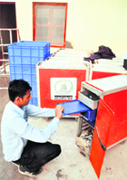 Cutlery and crockery trolleys and plastic crates kept outside a food store from where meals will be supplied to the passengers onboard the new Shatabdi train in Ludhiana on Thursday.