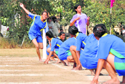 Ajitwal and Hoshiarpur teams sweat it out during their kho-kho match of the inter-polytechnic games in Ludhiana on Thursday.