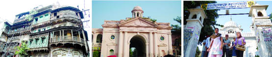 A view of Quila Ahluwalia, Town Hall in Amritsar.  A guide accompanies tourists at Gurdwara Saragarhi.