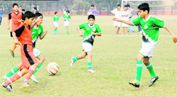 A match in progress during the Harbans Lal Memorial Football Tournament in Chandigarh