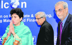 (From left) Kumari Selja, Union Housing Minister, along with Firdose Vandrevala, chairman of the CII national committee on real estate and Vijay Thandani, Chairman of the CII, after inaugurating the Realcon Summit, 2011, at the CII in Chandigarh on Friday. 