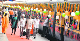 The new Shatabdi train decorated with flowers and balloons awaits a green signal for departure at the Ludhiana railway station