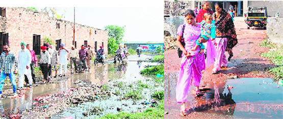 Villagers have a tough time crossing the slush-filled road connecting Ghannupur and Kale villages and below women coming on the potholed road in front of the maternity centre at Kala village i