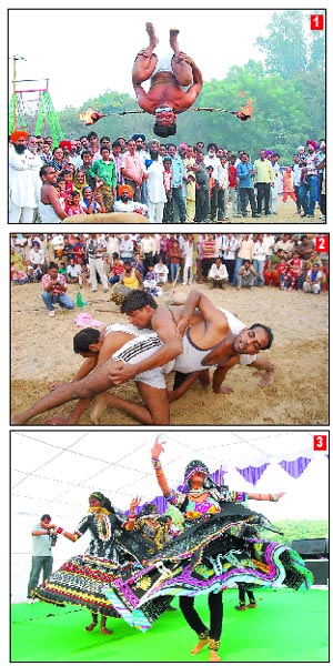 (1) An acrobat diplays his feats. (2) A Kabaddi match in progress. (3) Girls presenting a folk dance during the Prof Mohan Singh Mela in Bathinda on Saturday.