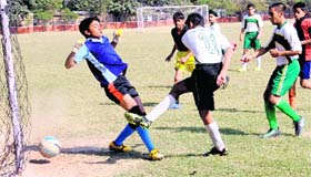 A match in progress during the Harbans Lal Memorial Football Tournament in Chandigarh on Saturday