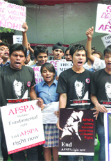 Activists clamouring for the repeal of the Armed Forces Special Powers Act (AFSPA), shout slogans in support of rights champion Irom Chanu Sharmila in New Delhi on Saturday.