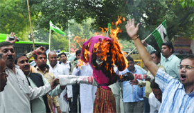 Janata Dal (U) workers burn an effigy of the UPA government, protesting against the rise in fuel prices in New Delhi on Saturday. 