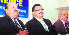 Arun Pandey (left), Director, and Dr Ashwani Dhobal, Principal of Uttaranchal Dental and Medical Research Institute, at a press conference in Dehradun