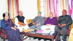Congress Legislature Party leader Vidya Stokes, PCC chief Kaul Singh Thakur, Union Minister Virbhadra Singh and other senior leaders during the HPCC Election Committee meeting in Shimla
