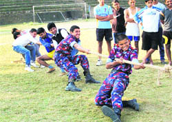 NCC cadets participate in a tug of war at the annual athletics meet of Dharamsala College 
