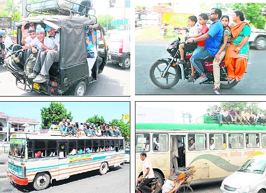 Rules given a go by: Auto-rickshaw drivers, two-wheelers, private and government-owned buses flout rules in Jalandhar by ferrying passengers more than the capacity of vehicles