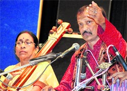 Vocalist Dalip Kumar Maiti performs during Hemant Utsav in Jalandhar on Saturday