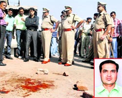 Police inspect the spot where RTI activist Nadeem Sayeed (inset) was killed in Ahmedabad on Saturday