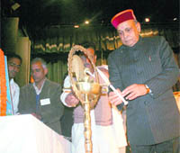 Chief Minister Prem Kumar Dhumal inaugurates the Sanskrit Yuv Sammelan at Gaiety Theatre in Shimla on Sunday. 