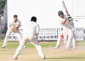 Punjabs Mayank Sidhana plays a shot during his unbeaten knock of 76 against Uttar Pradesh at the PCA Stadium in Mohali on Sunday