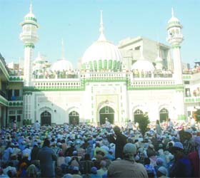 Muslims offer namaz at Kharudin Mosque on Eid in Amritsar on Monday
