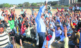 Members of the Physically Handicapped Association of Punjab and Chandigarh stage a protest rally at Sector 25 in Chandigarh on Monday. 