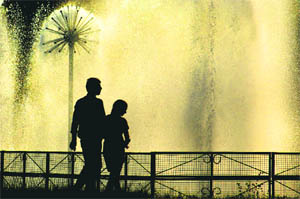 A couple enjoys an evening near the fountains of Zakir Hussain Rose Garden, Sector 16, Chandigarh.