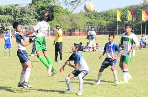 Players of DPS and Durga Public School, Solan, in action during the 6th Harbans Lal Memorial Football Tournament at Football Stadium, Sector 17, Chandigarh, on Monday