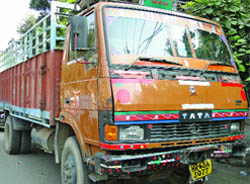A truck parked at the Mangolpuri police station after it rammed into a motorcycle in Pitampura, New Delhi,