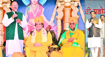 Chief Minister BC Khanduri with the Shantikunj head, Dr Pranav Pandya, and Shail Jiji in Haridwar on Monday; and (right) former Chief Minister Ramesh Pokhriyal Nishank at a cultural event. 