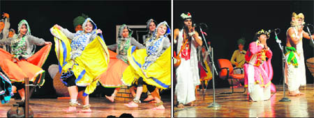 Students perform a Haryanavi group dance; and (right) artistes enact a scene from a play during the four-day Ratnawali Festival, the 26th Haryana Day, in Kurukshetra. Tribune photos: Ravi Kumar