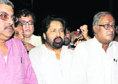 Trinamool Congress leaders talk to mediapersons after a meeting with the Prime Minister on petro price hike in New Delhi on Tuesday