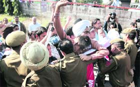 Members of the Jan Jagriti Manch stage a protest demonstration against the new recruitment policy in Jammu on Tuesday