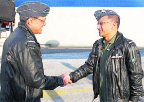 Air Marshal DC Kumaria, Air Officer Commanding-in-Chief, Western Air Command, (left) being received by Air Commodore Nitin Sathe, Air Officer Commanding, Jammu Air Force Station, at Technical Airport in Jammu on Tuesday
