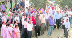Bank employees stage a protest outside the regional branch of the State Bank of India at Miller Ganj in Ludhiana 