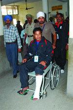 A kabbadi player after undergoing treatment at Bathinda Civil Hospital on Wednesday. 