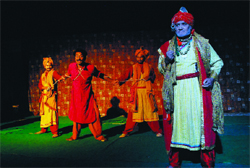 A scene from the play Dhamak Nagade Di, written by Gursharan Singh staged at the Open Air Theatre at the Rose Garden in Bathinda on Tuesday